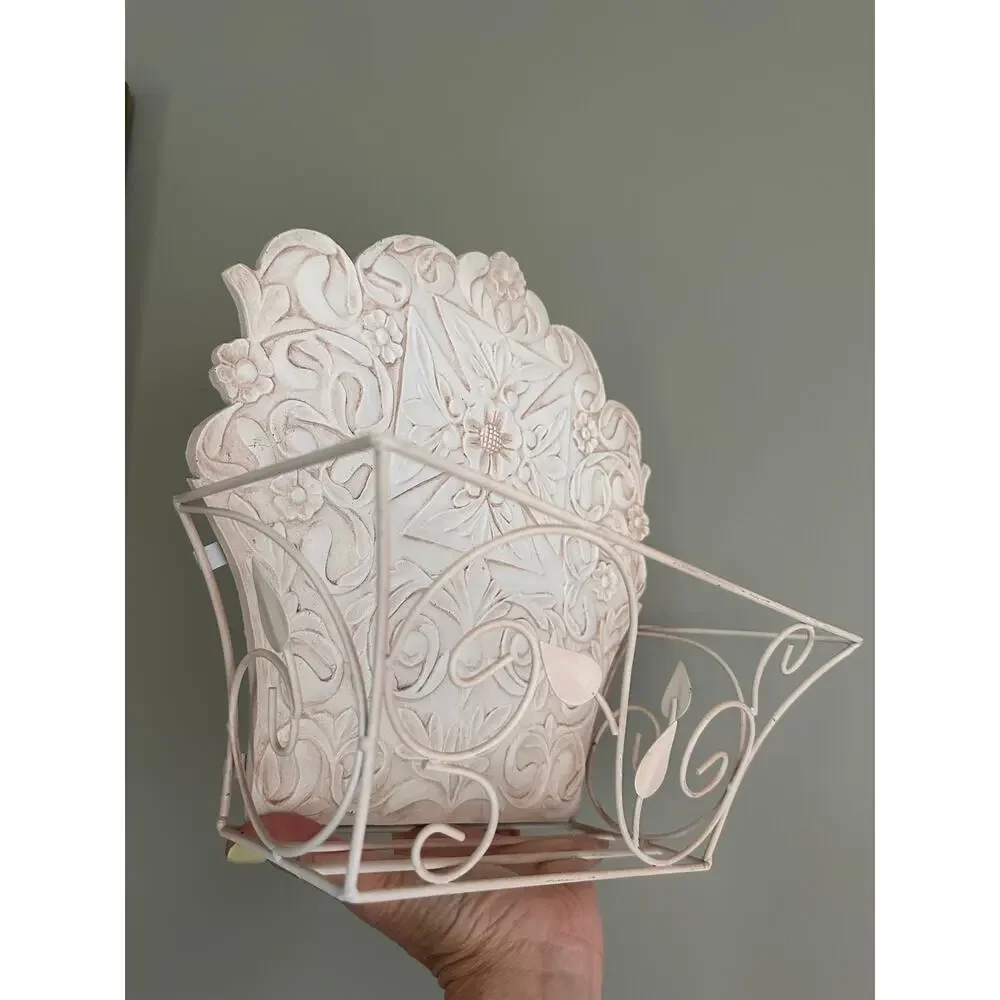 Vintage Metal Wall Mount plant holder Rack cream cottage decor French country